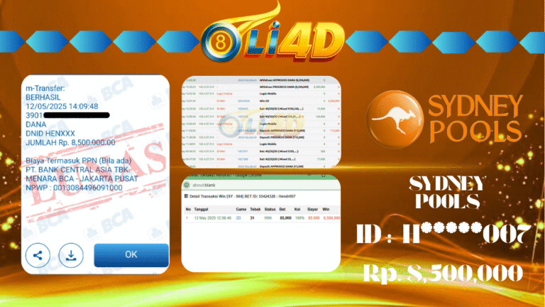 BUKTI JACKPOT KEMENANGAN DI PASARAN SYDNEY Rp.8,500,000 SITUS OLI4D