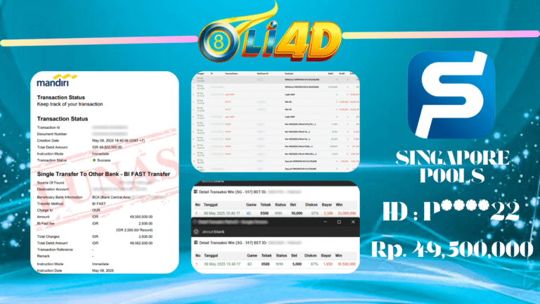BUKTI JACKPOT KEMENANGAN DI PASARAN SINGAPORE Rp.49,500,000 SITUS OLI4D